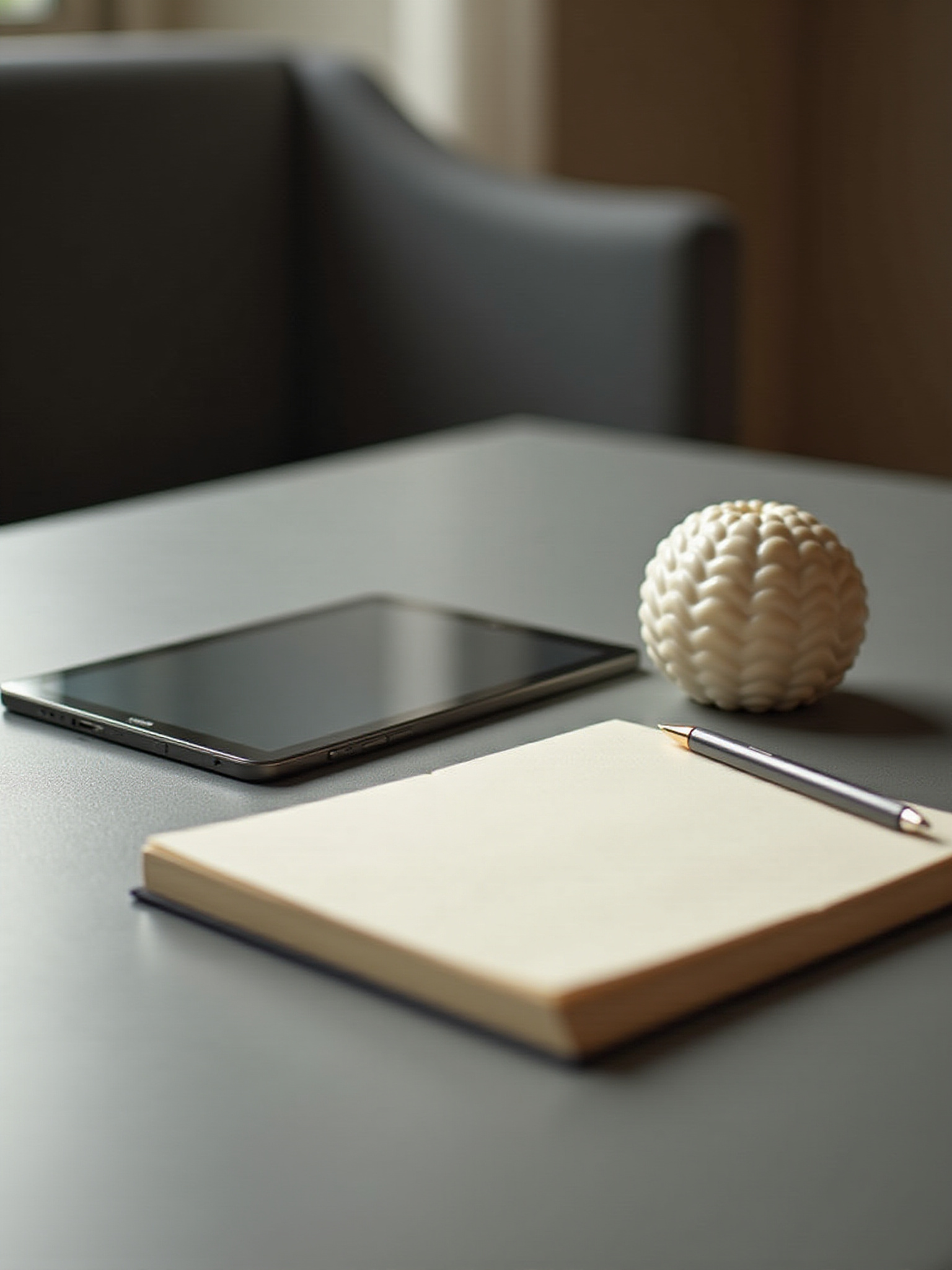 A notebook and paperweight on a desk